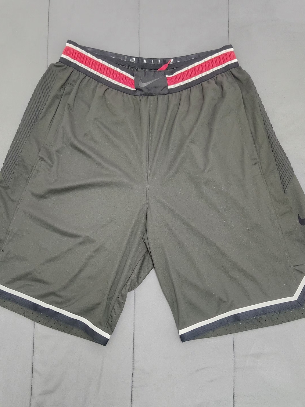 Nike Men's Olive Green Athletic Shorts with Stripe Waistband